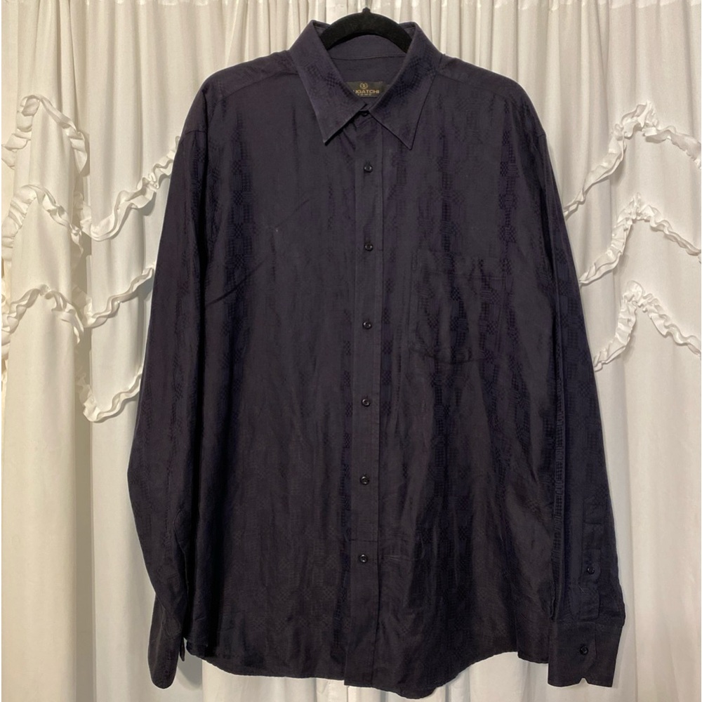 Bugatchi Men's Button Down Long Sleeve Dress Shirt Black Geo Checker Print